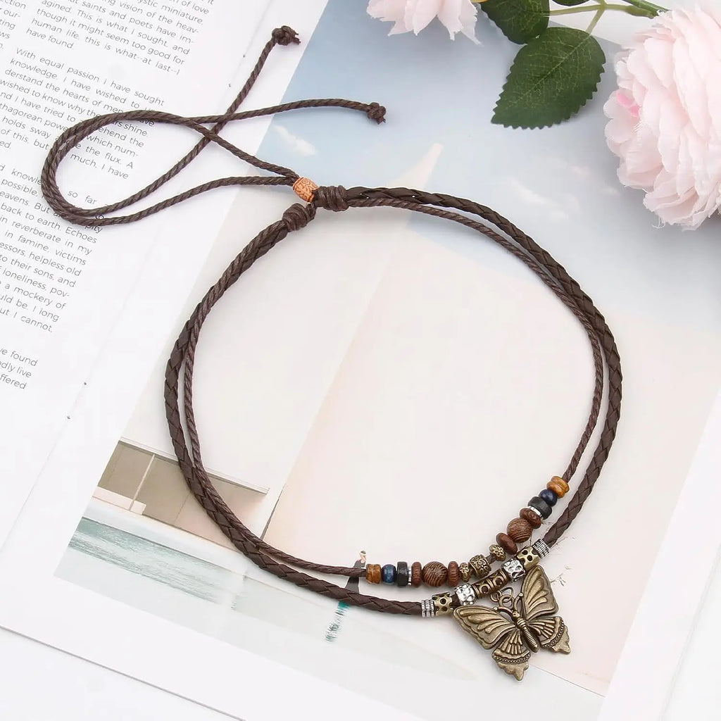 Boho Necklace for Women,Vintage Butterfly Pendant Necklaces,Adjustable Wooden Beads Layered Braided Choker,Fashion Tribal Style Leather Rope Necklace Jewelry,Chunky Statement Gift for Women