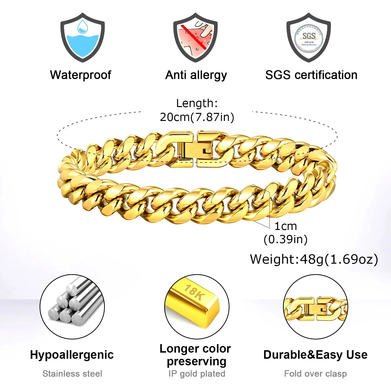 Gold Color Cuban Chain Bracelets for Men,6/8/10/12MM Stainless Steel Chain Link Wristband,Casual Hip Hop Male Jewelry Gift