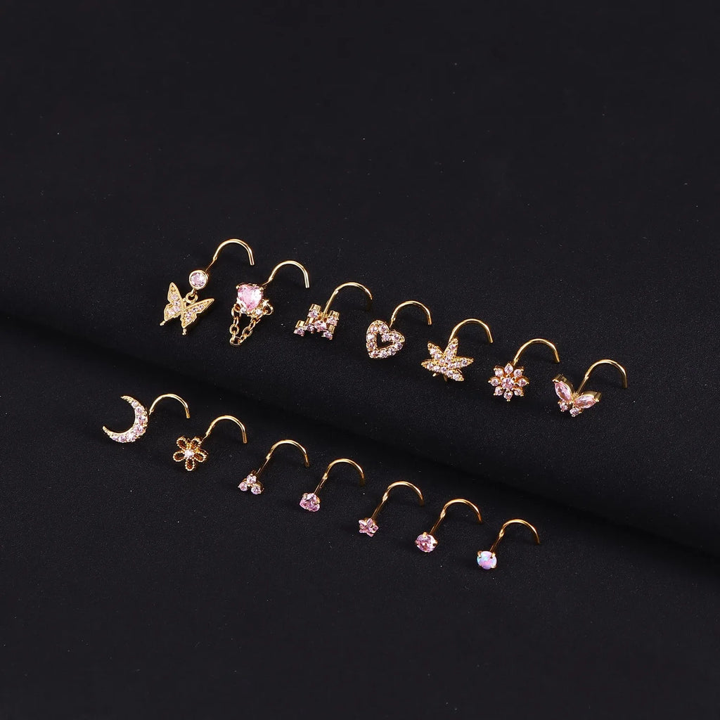 14Pcs Nose Rings Nose Studs for Women Nose Piercings 20G L Shaped Corkscrew Dangle Nose Rings Studs Simulated Diamond Pink CZ Opal Dangling Dangly Hanging Nose Piercing Jewelry with Heart Star Butterfly Flower Cross Moon Char