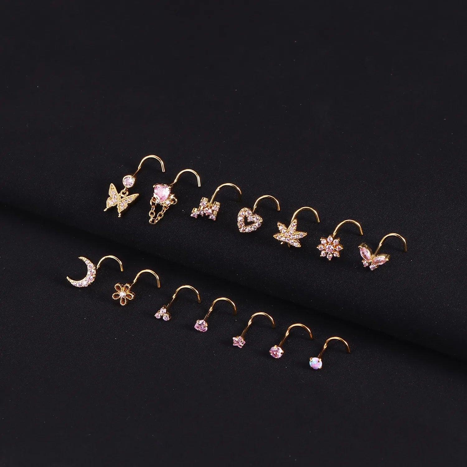 14Pcs Nose Rings Nose Studs for Women Nose Piercings 20G L Shaped Corkscrew Dangle Nose Rings Studs Simulated Diamond Pink CZ Opal Dangling Dangly Hanging Nose Piercing Jewelry with Heart Star Butterfly Flower Cross Moon Char