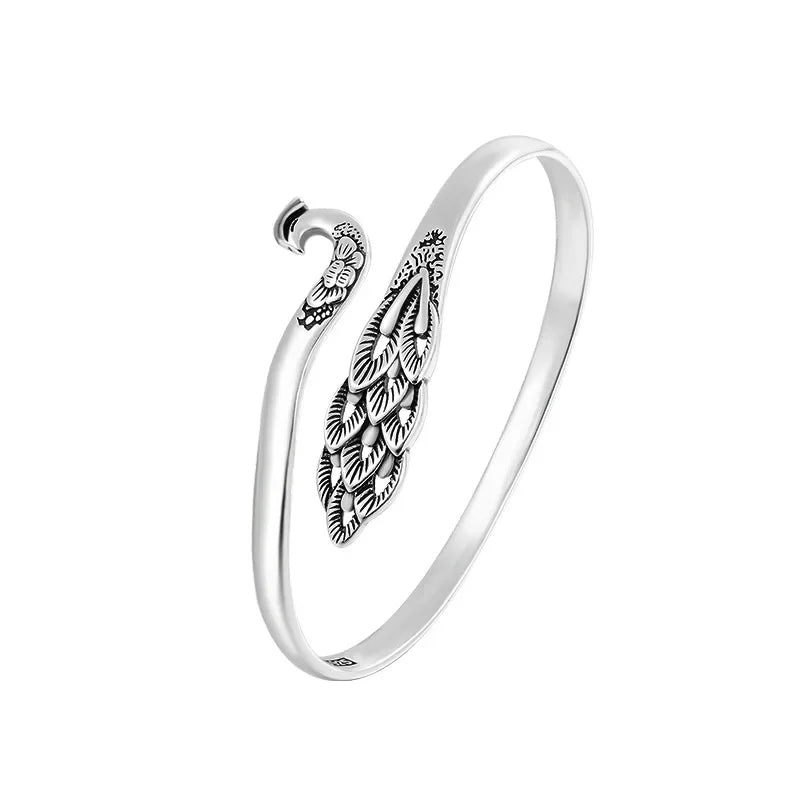 Ethnic Style Retro Thai Silver Exquisite Hollow Peacock 925 Sterling Silver Personality Animal Opening Antique Design Bracelets mbzr