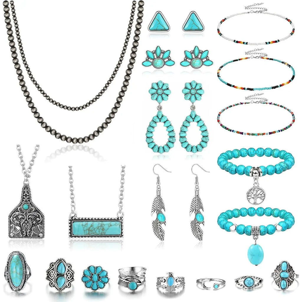 Turquoise Jewelry for Women Bohemian Western Jewelry Set Navajo Pearl Necklace Beaded Choker Necklace Turquoise Earrings Bracelet Vintage Knuckle Rings Boho Western Jewelry for Women