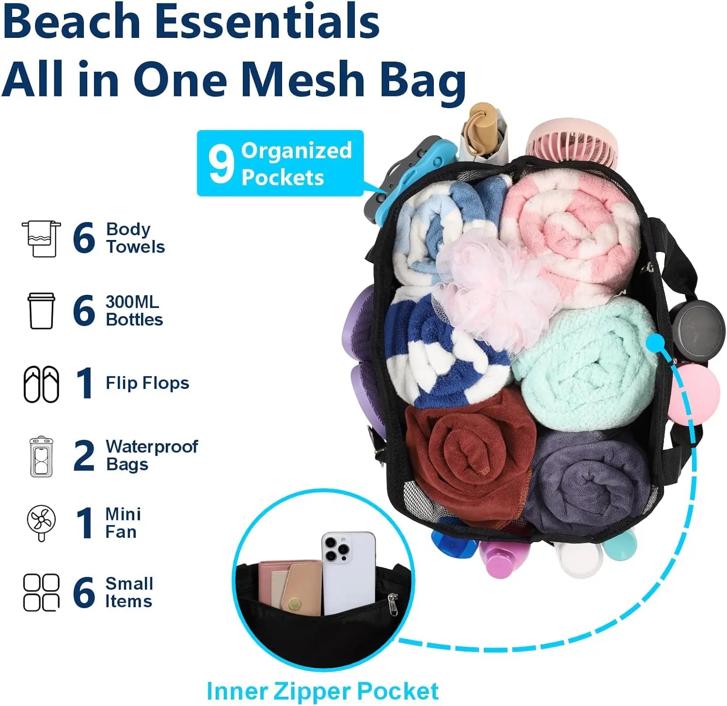 Mesh Beach Bag Family - Large Tote Bag 9 Pockets for Swim Pool Toys Cruise Beach Vacation Essentials mbzr