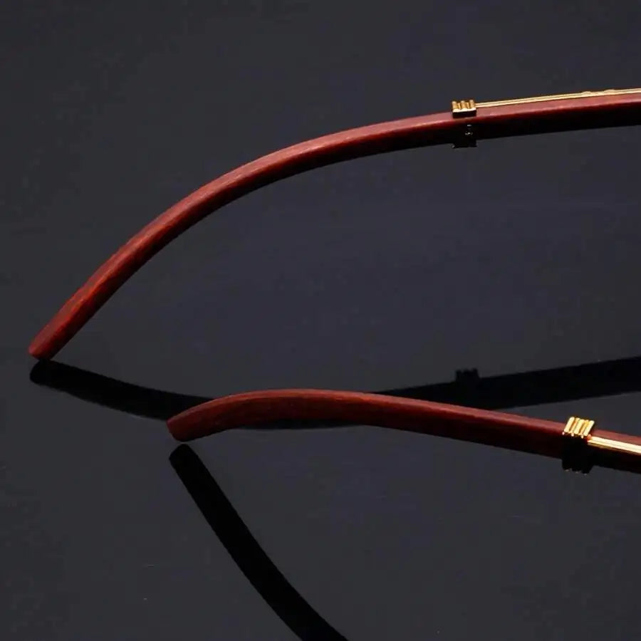 Retro Double Bridge Rimless Sunglasses With Wood Texture And Gold Tone Decoration mbzr