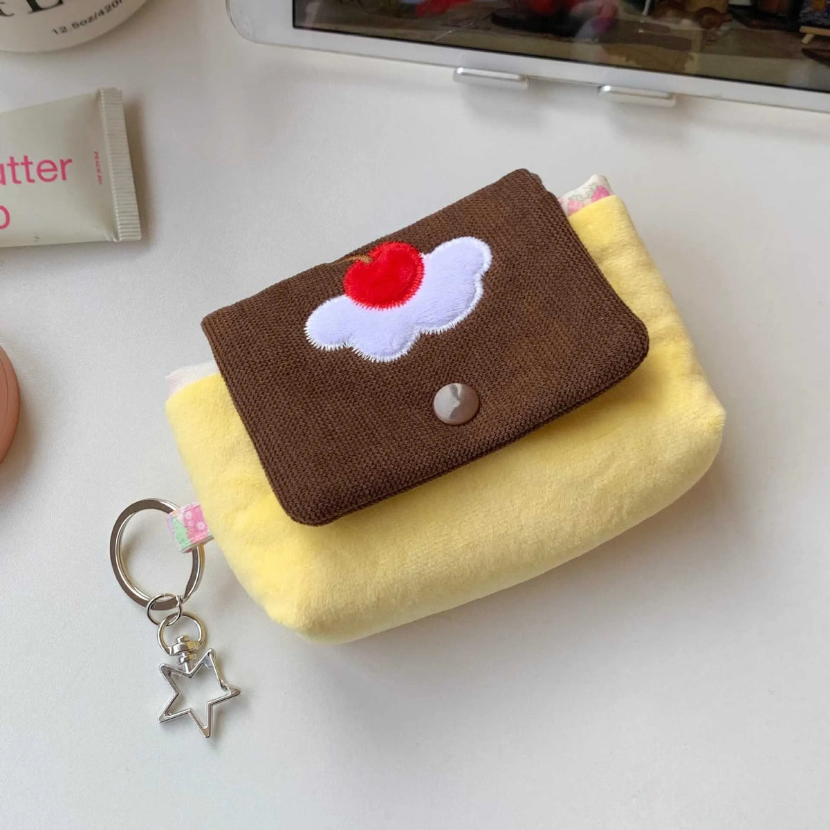 Multifunctional Small Pouch for Girls Cute Cherry Pudding Plush Coin Purse Mini Cartoon Portable Wallet for Cards Earphones Case