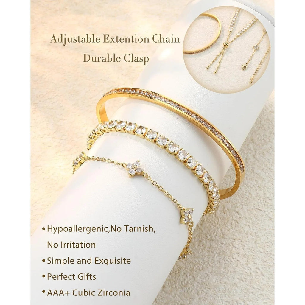 3PC Stackable Bracelet Set for Women Adjustable 14K Gold-Plated & Silver Stainless Steel Tennis Bracelets with Cubic Zirconia, Fashion Accessories for Women Daily Wear