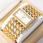 Gold Rectangle Women Watch Full Rhinestone Bezel Wide Hollow Link Bracelet Luxury Bling White Dial Fashion Ladies Quartz Dress Wristwatch For Party Wedding