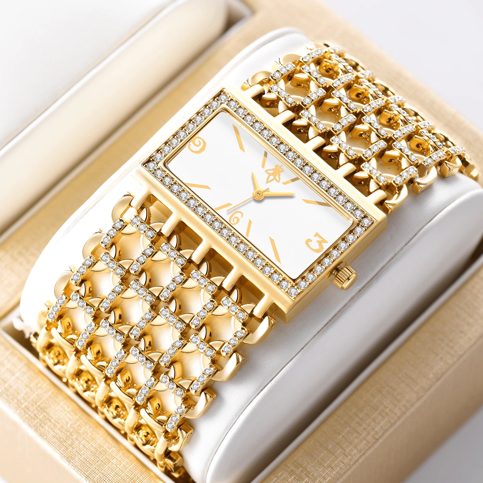 Gold Rectangle Women Watch Full Rhinestone Bezel Wide Hollow Link Bracelet Luxury Bling White Dial Fashion Ladies Quartz Dress Wristwatch For Party Wedding