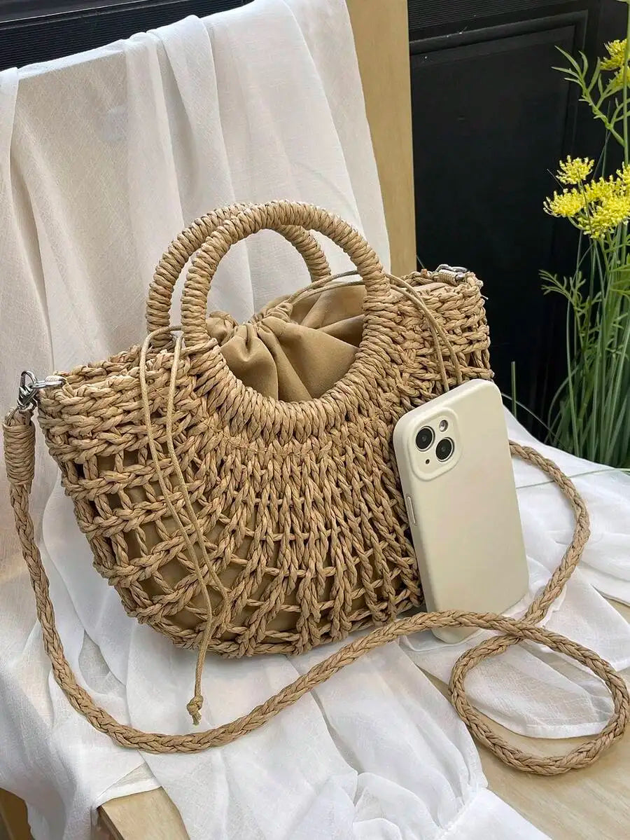 1pc Half-Moon Hollow Out Handbag, Fashionable Beach Vacation Straw Woven Bag, Vacation Bag For Summer, Perfect For Beach Vacatio mbzr