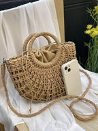 1pc Half-Moon Hollow Out Handbag, Fashionable Beach Vacation Straw Woven Bag, Vacation Bag For Summer, Perfect For Beach Vacatio mbzr