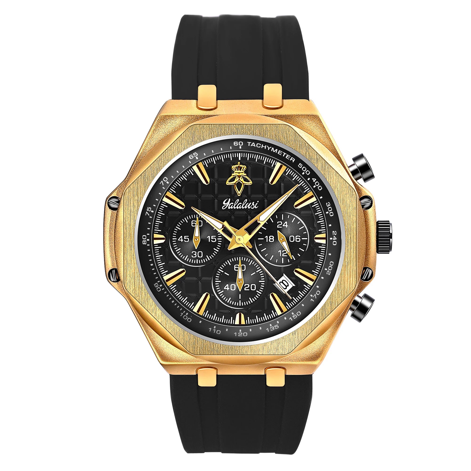 YaLaLuSi Octagon Gold Case Men Chronograph Watch Burgundy Red Grid Dial Silicone Strap Tachymeter Multi Sub Dial Date Waterproof Sports Quartz Wristwatch