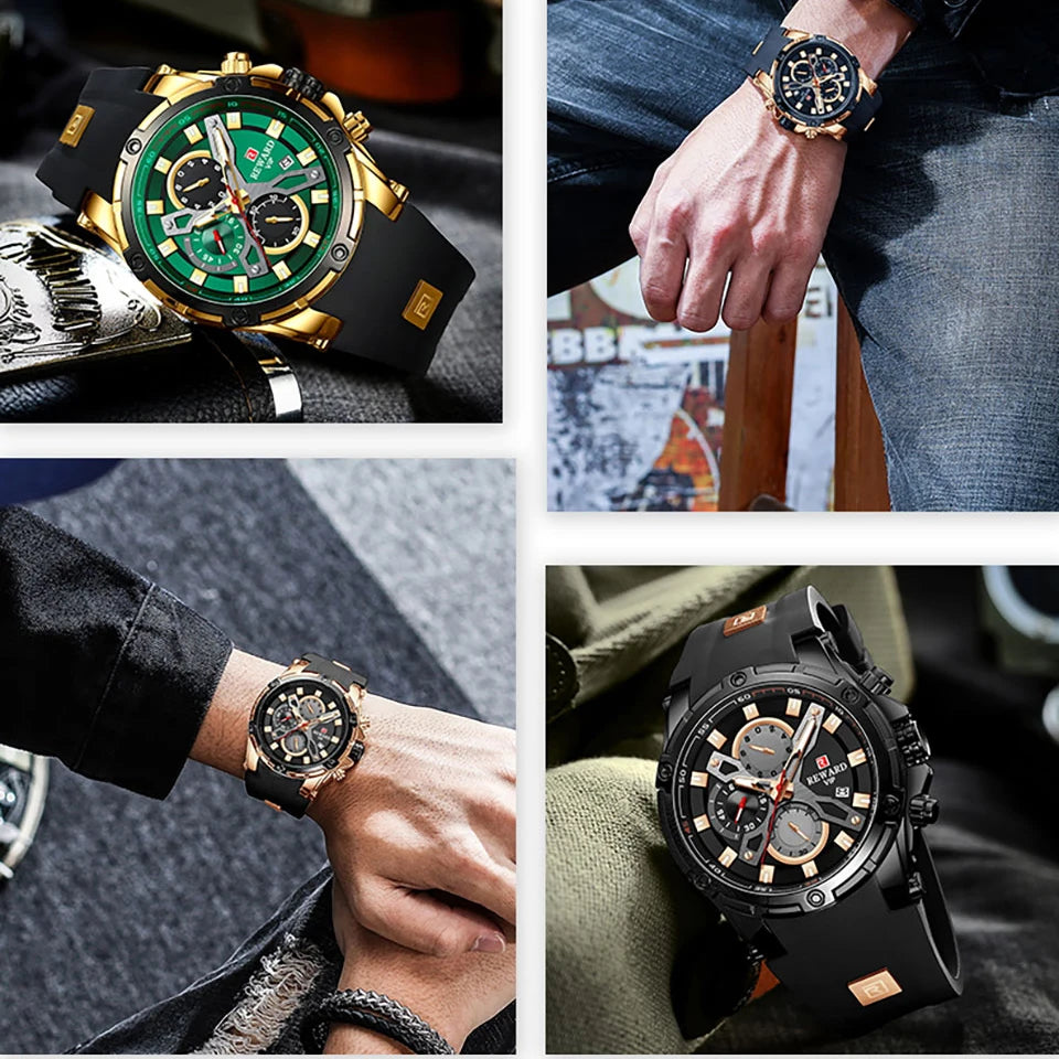 REWARD Luxury Sport Men Quartz Watch Man Wristwatch Chronograph Silicone Strap Waterproof Luminous Hands Date Men's Watches