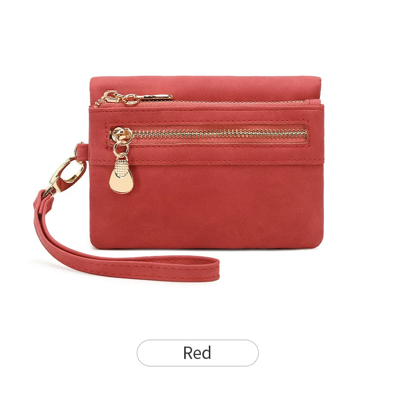 Retro double  fold PU leather short wallet with zipper coin pocket  multiple card slots and wrist band casual portable card clip mbzr