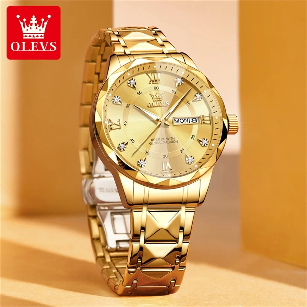 OLEVS 5609 Brand Original Quartz Movement Watch For Men Big Diamond Dual Calendar Dial Steel Bracelet HD Luminous Function 30m Waterproof Watch