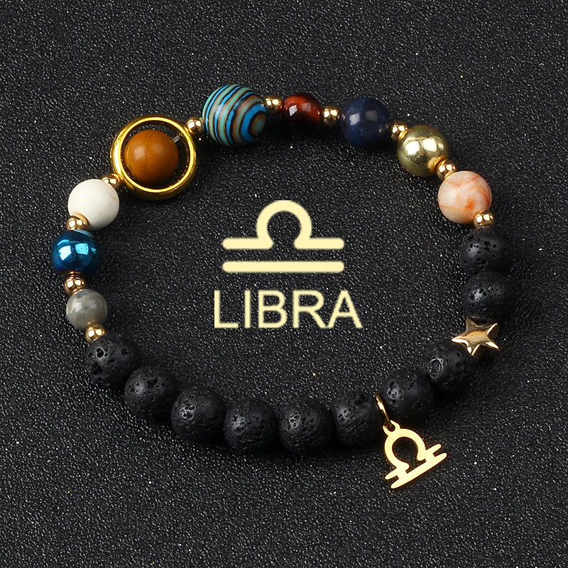 Universe Galaxy Eight Planets 12 Constellation Bracelets for Women Natural Stone Solar System Bracelets Libra Virgo Leo Jewelry