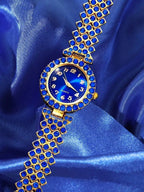 Luxury Blue Crystal Inlaid Alloy Womens Quartz Wristwatch With Bracelet Band mbzr