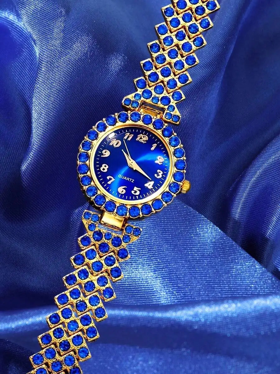 Luxury Blue Crystal Inlaid Alloy Womens Quartz Wristwatch With Bracelet Band mbzr
