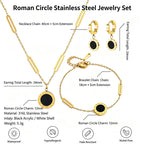 Roman Numeral Round Pendant Jewelry Set For Women, Stainless Steel Necklace Bracelet Hoop Earrings Set, Waterproof Hypoallergenic Non-Tarnish Black Acrylic Fashion Jewellery Gift