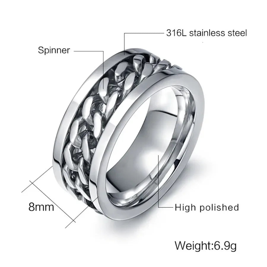 Vnox 8mm Rotatable Chain Ring For Men Women Stainless Steel Flexible Spinner Link Casual Fraternal Rings Male Jewelry Anel