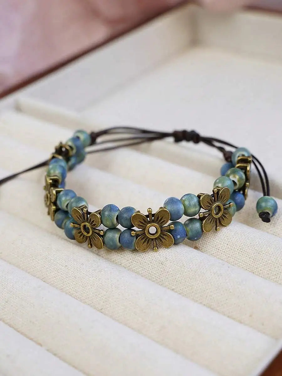 1Pc Vintage Bohemian Woven Leather Cord Bracelet For Women Girls, Handmade Colorful Beaded Bracelet With Flower Pendant Adjustable Knot, Boho Jewelry For Daily Party Dating Holiday Gift Accessory