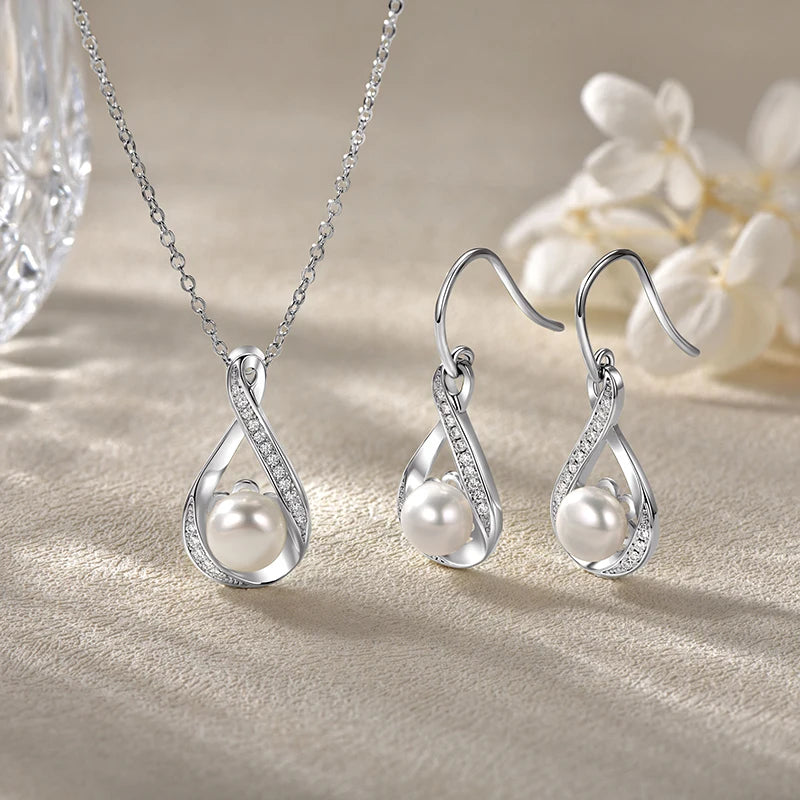 OXTAO 8-9mm Pearl Necklace& Earring Jewelry Set 14K Gold Filled Moissanite Infinity Charm Necklaces Wedding Promise Band Jewelry