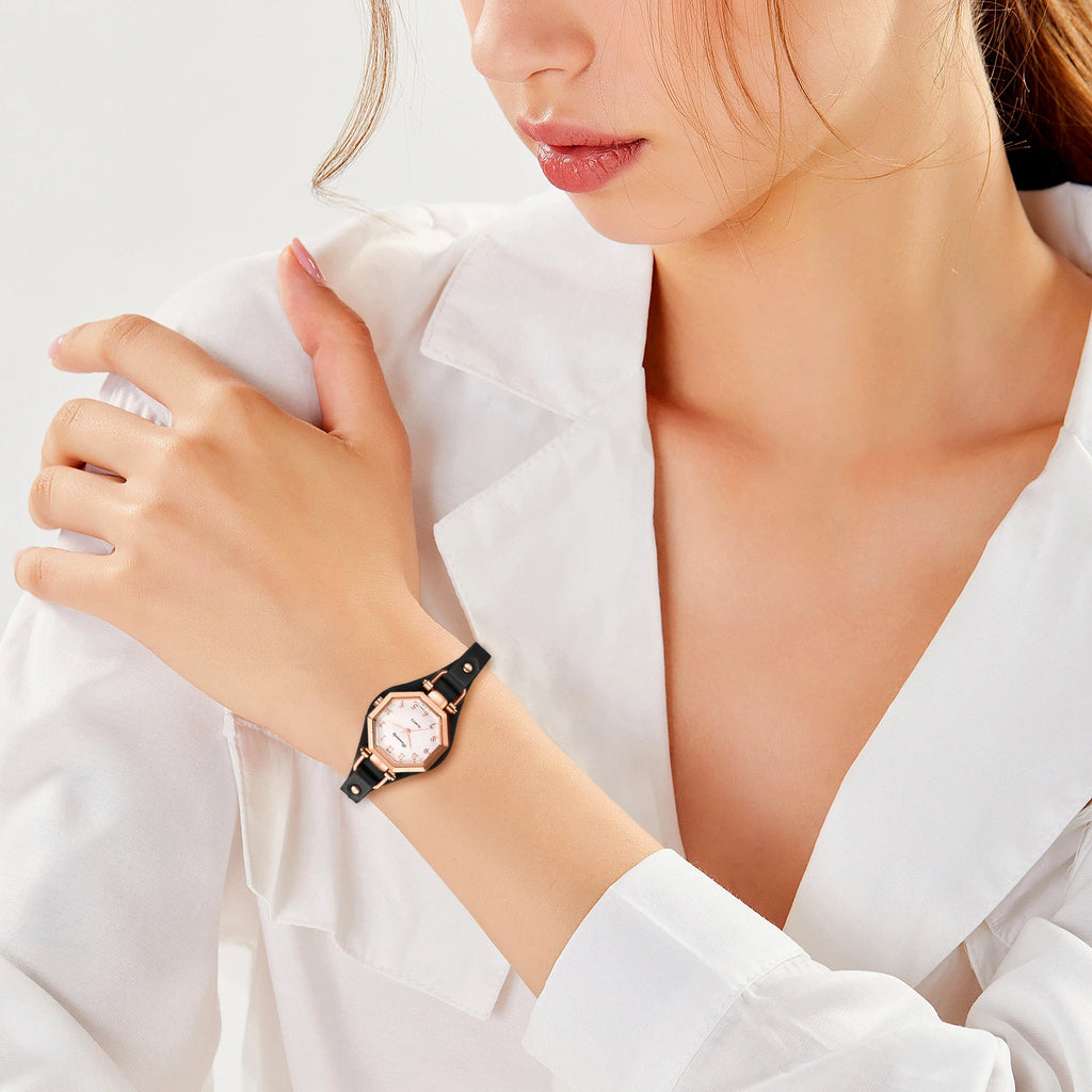 JewelryWe Women's Waterproof Quartz Watch Arabic Dial Leather Strap