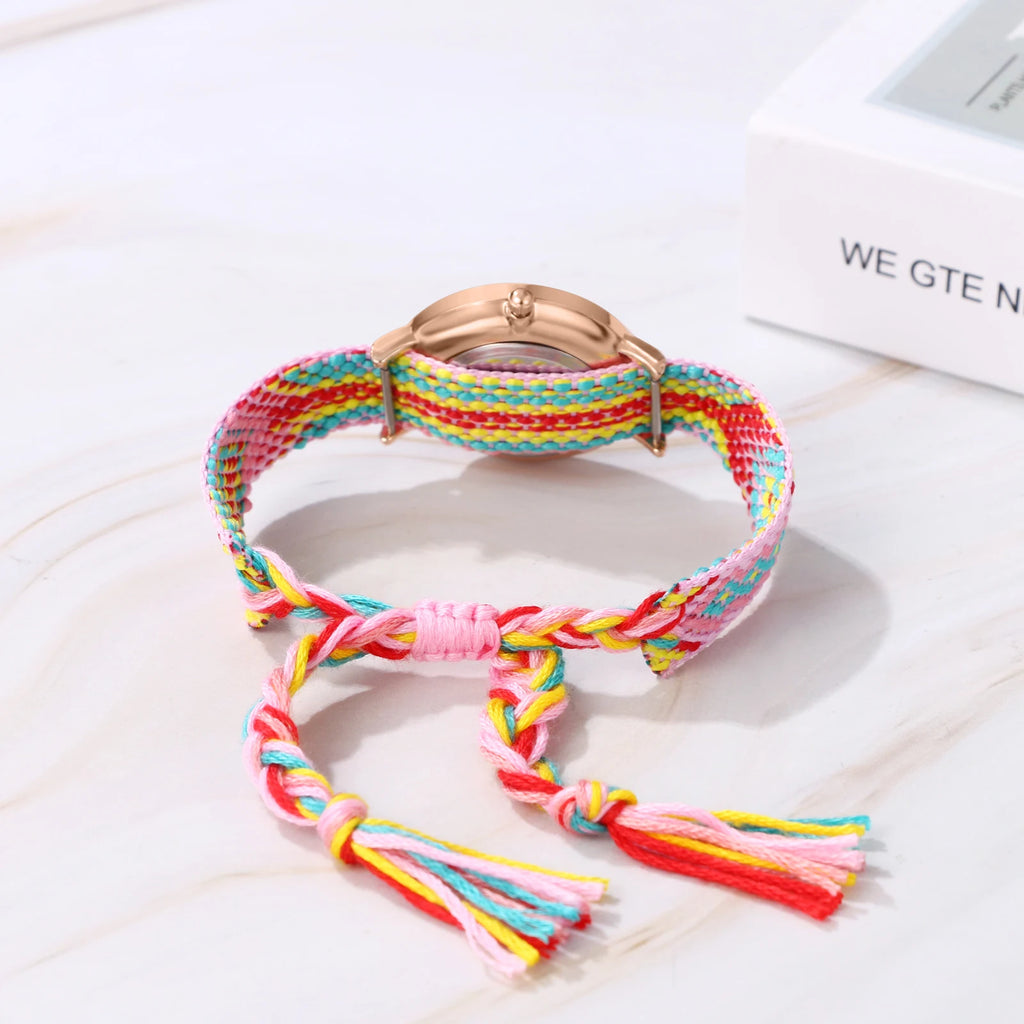 LANCARDO Bohemian Ladies Bracelet Watch Woven Rainbow Strap Floral Print Dial Analog Quartz Watch Girl Gift