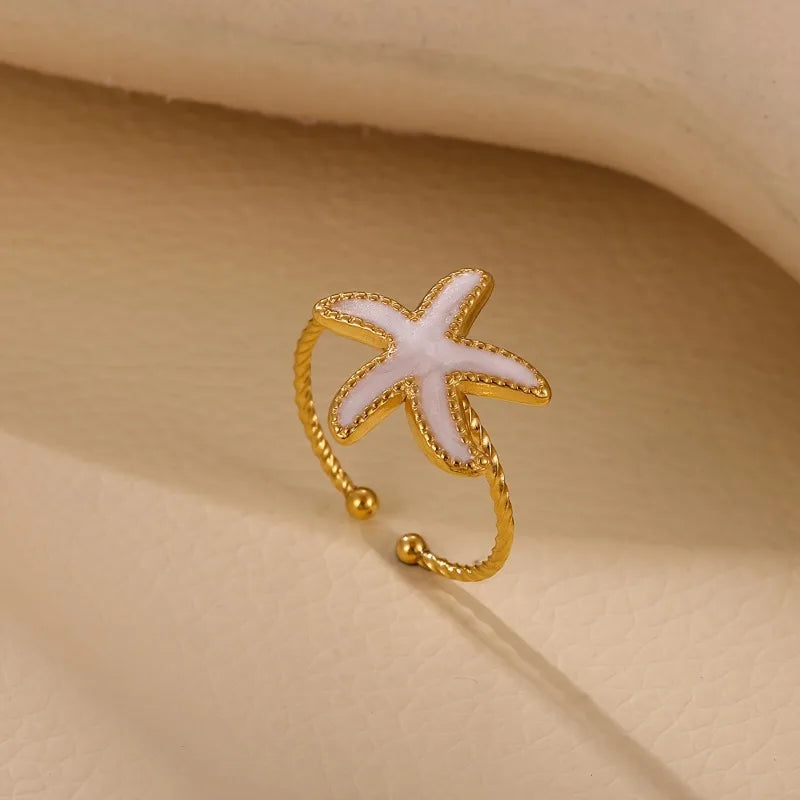 Drip waterproof starfish open ring, fashionable and elegant party stainless steel golden color ring, women's party holiday daily jewelry accessories gift