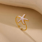 Drip waterproof starfish open ring, fashionable and elegant party stainless steel golden color ring, women's party holiday daily jewelry accessories gift