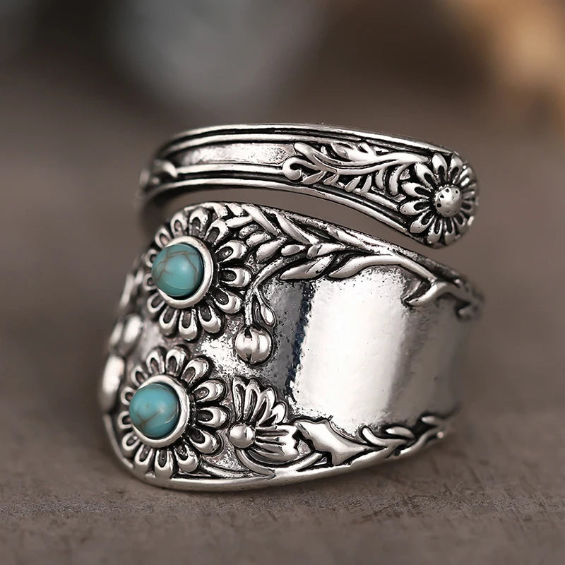 CAOSHI Delicate Vintage Silver Color Ring with Imitation Turquoise Unique Flower Design Adjustable mbzr