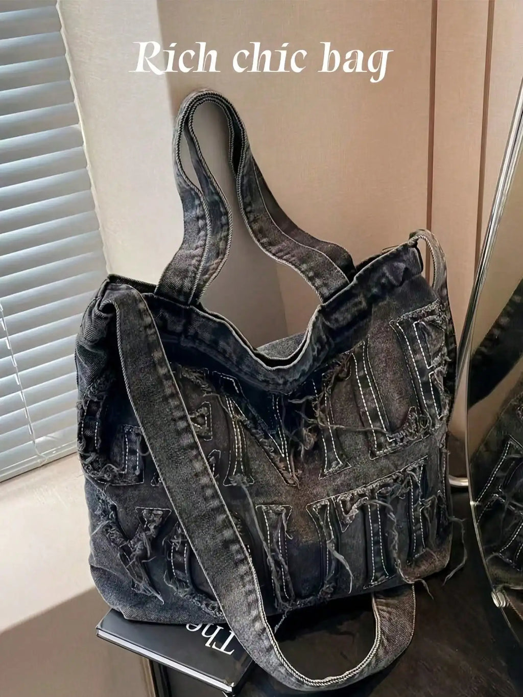 Classic Solid Retro Washed Denim Shoulder Bag, Quilted Stitch, Metal Chain, Large Capacity For Shopping & Daily Outings.Y2k