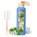 18 OZ Glass Water Bottles With Time Marker For Offices And Gyms Blue Leakproof Glass Bottles With Silicone Sleeves mbzr