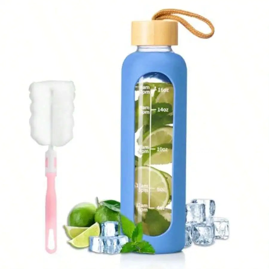 18 OZ Glass Water Bottles With Time Marker For Offices And Gyms Blue Leakproof Glass Bottles With Silicone Sleeves mbzr