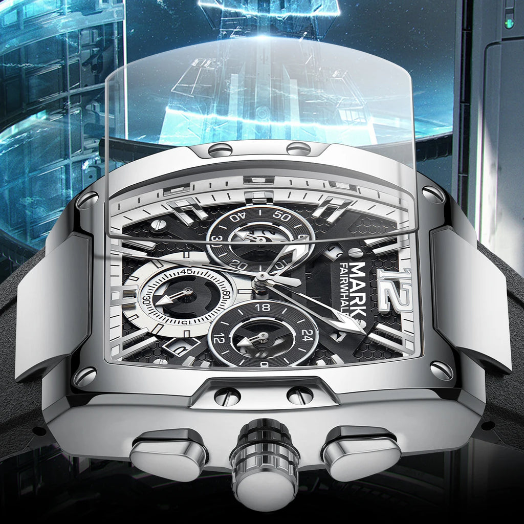 Mark Fairwhale Fashion Large Tonneau Case Man's watch Quartz  Waterproof Luminous Multifunctional Chronograph Sport Watches for man