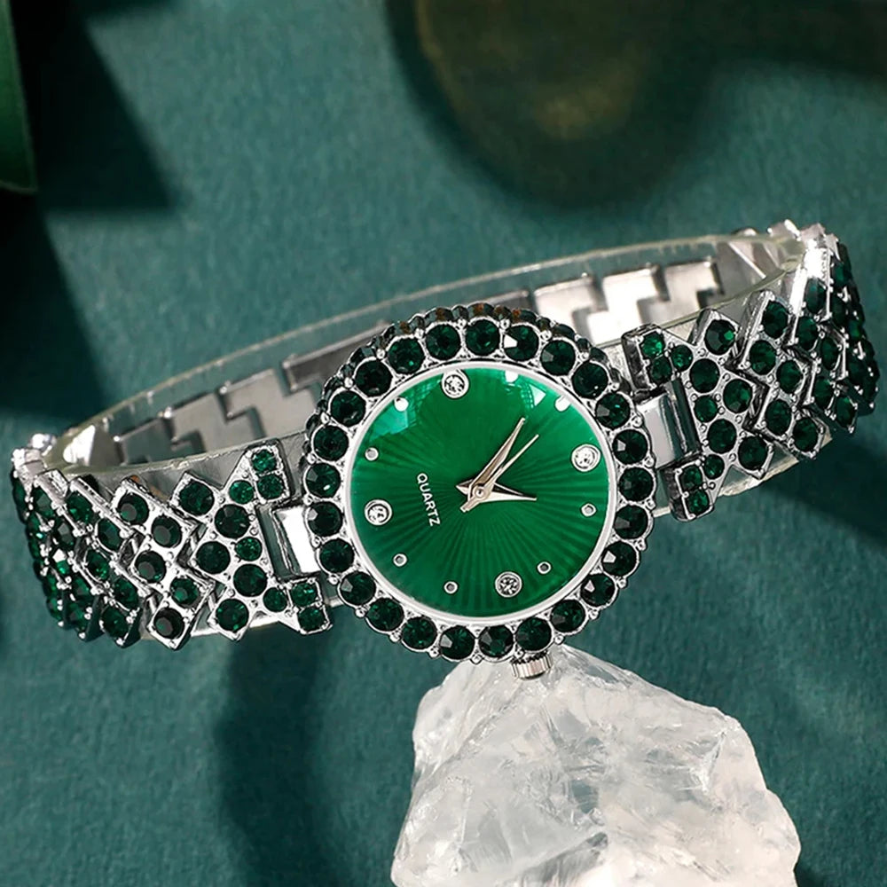 Women Fashion Watches Heart Rhinestone Ring Necklace Earring Jewelry Set Luxury Dress Quartz WristWatch Simple Elegant Watch Gif mbzr
