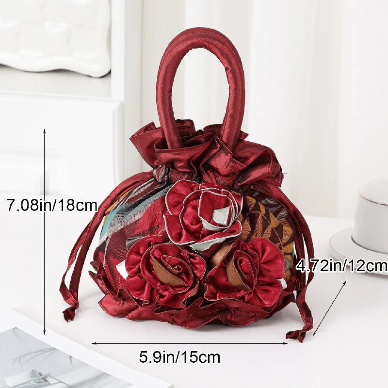 2PCS Fashion Versatile Drawstring Ladies Handbag Flower Dinner Bag Handle Bucket Bag Portable Cell Phone Bag Coin Purse