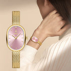 YaLaLuSi Oval Pink  Dial Gold Herringbone Mesh Women Watch Tiny Diamond Index Minimal Thin Case Ladies Quartz Bracelet Dress Wristwatch