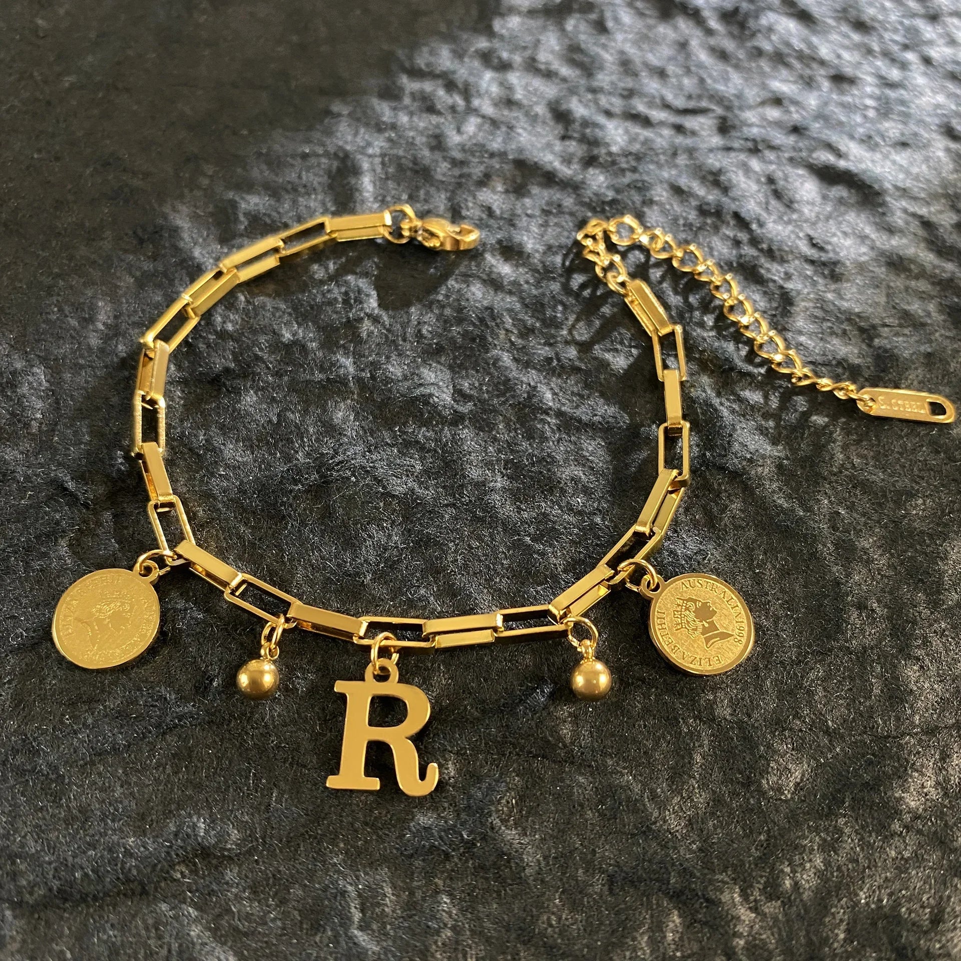 1pc Queen Coin Letter plated Stainless Steel Bracelet for Women Small Bell Pendant Adjustable Bracelet Classic Jewelry Gift