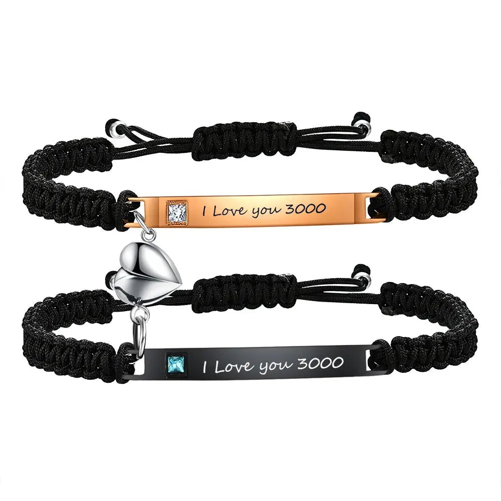 Fashion Custom Couple Stainless Steel Bracelet Set Black Woven Heart Magnetic Suction Diamond Inlaid Bracelet for Women Jewelry