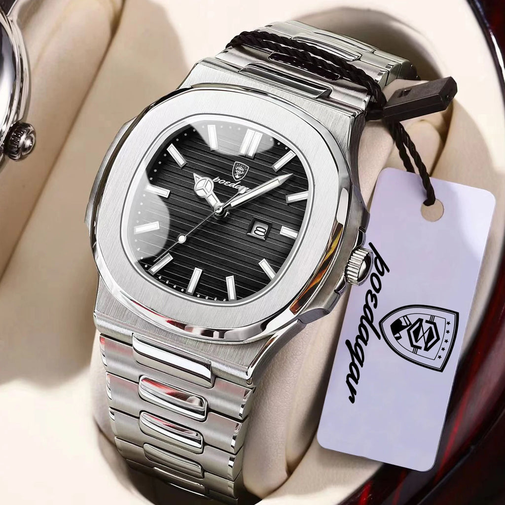 POEDAGAR Square Luxury Men Wristwatch Waterproof Luminous Date High Quality Stainless Steel Male Clock Business Sports Quartz Watches For Men Reloj Hombre mbzr