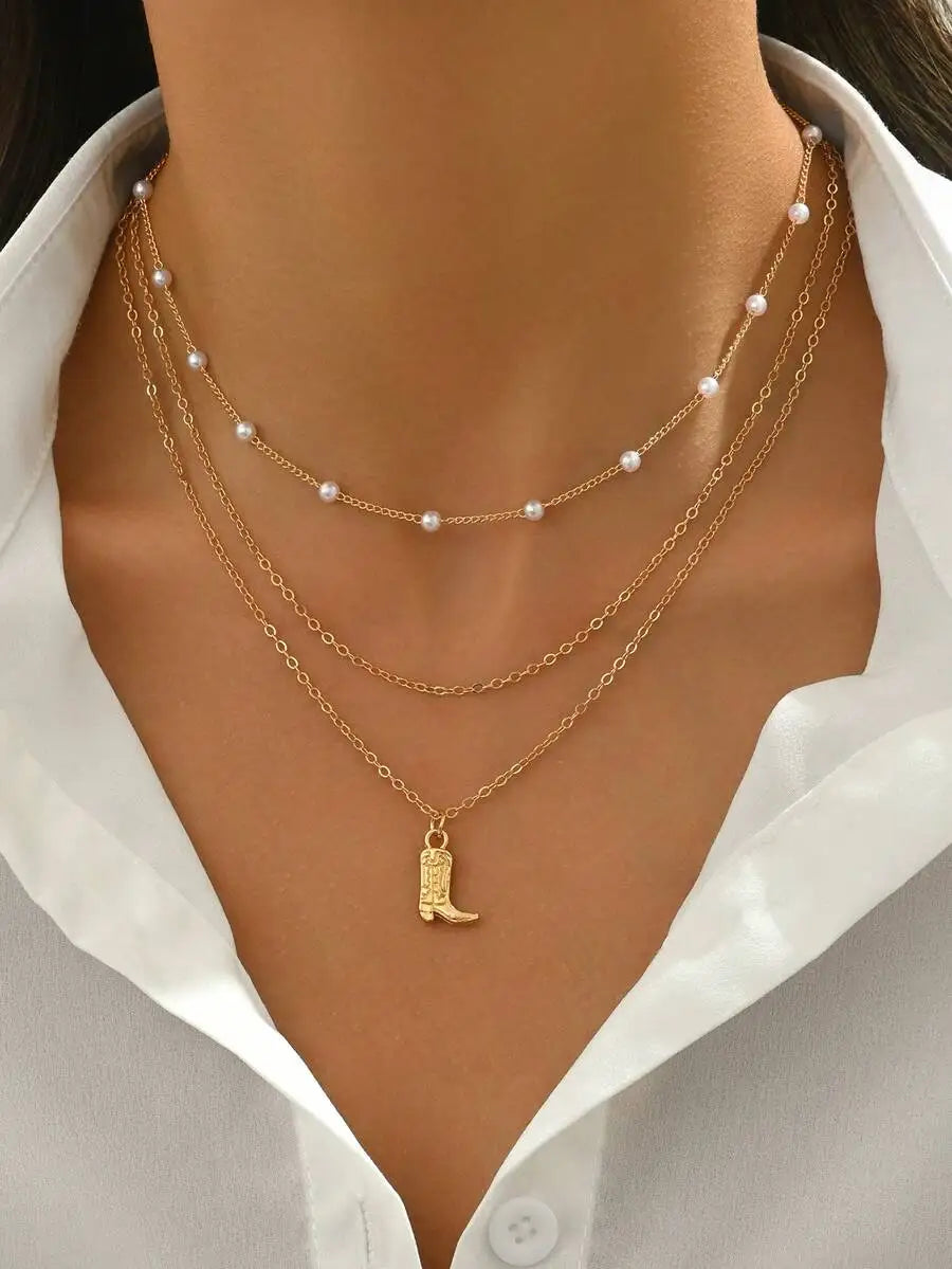 Exquisite Women's Multi-Layer Pendant Necklace, Western Style Boot Pendant Women's Jewelry, Detailed With Faux Pearl, Suitable F