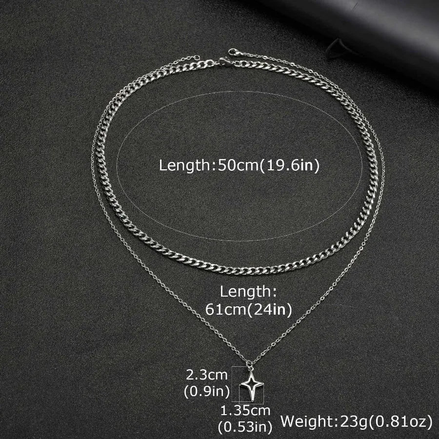 Vnox 2pcs/set Link Chain Chokers Four-point Star Pendant O-Chain Necklace Set for Men, Stainless Steel Silver Color Jewelry Gif