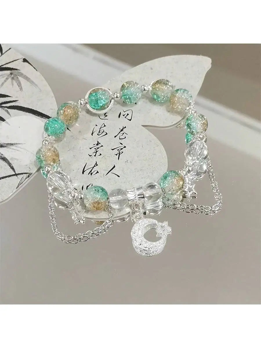 Clear Acrylic Charm Bracelet With Black Beads And Floral Pendant For Women Men mbzr