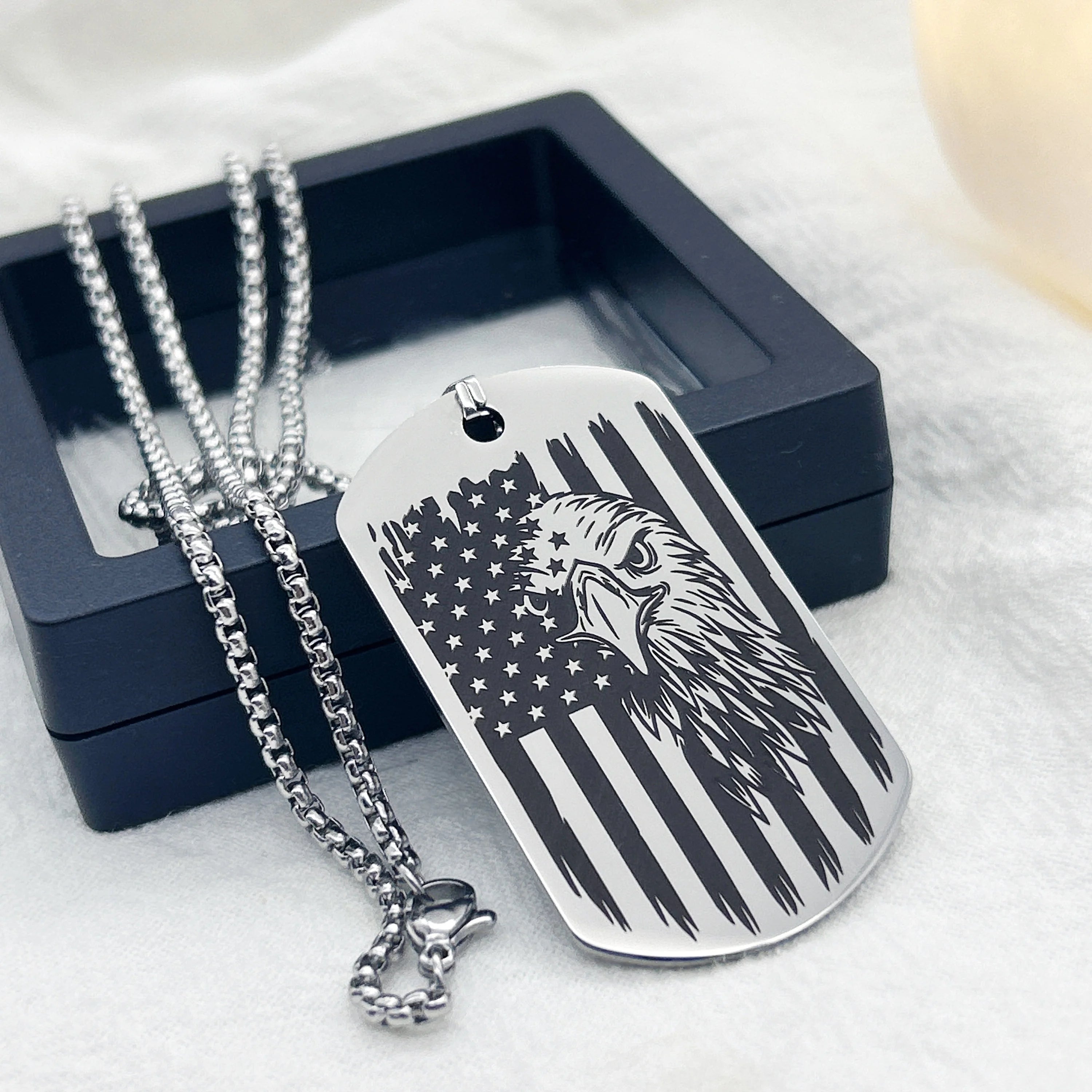 Stainless Steel Pendant Necklace - Engraved Dog Tag Design with Black Chain, Perfect for Independence Day, Jewelry Gift