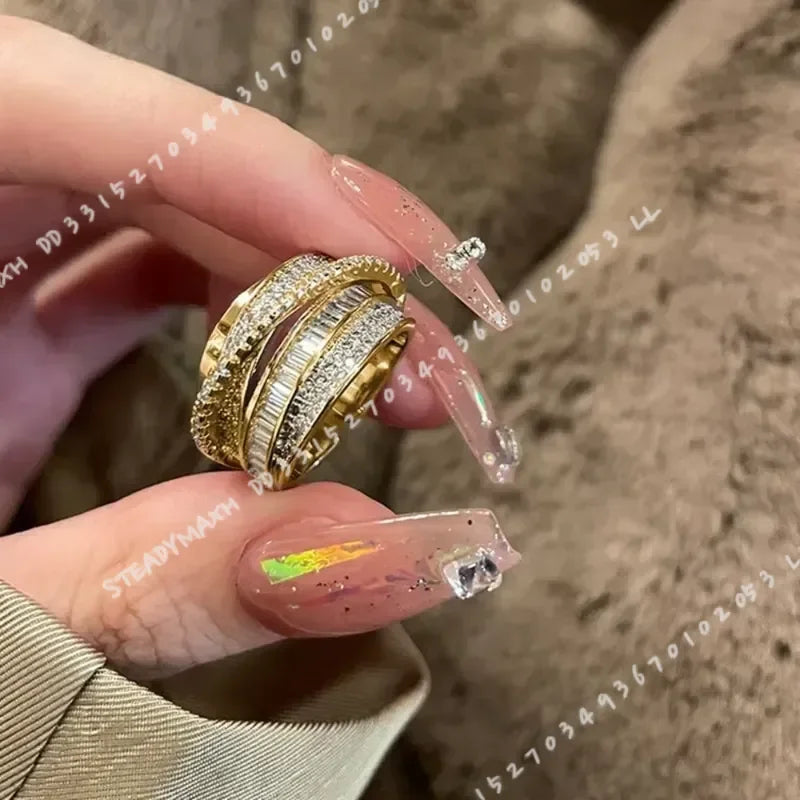 Trendy Luxury Geometric Shiny Zircon Multi-layer Gold Color Stainless Steel Couple Ring for Women Men Jewelry Gift