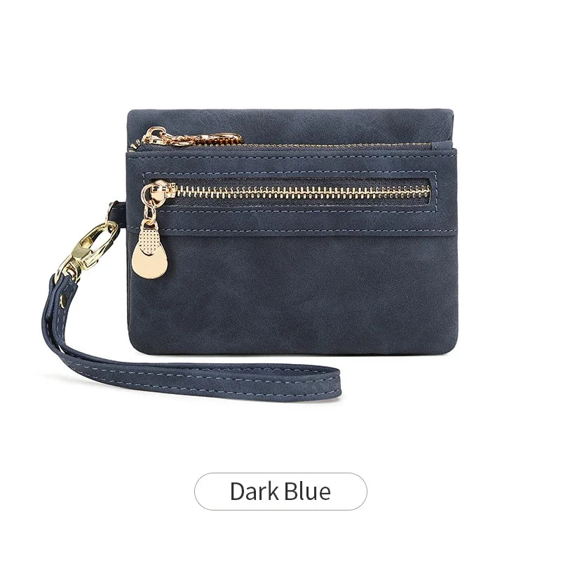 Retro double  fold PU leather short wallet with zipper coin pocket  multiple card slots and wrist band casual portable card clip mbzr