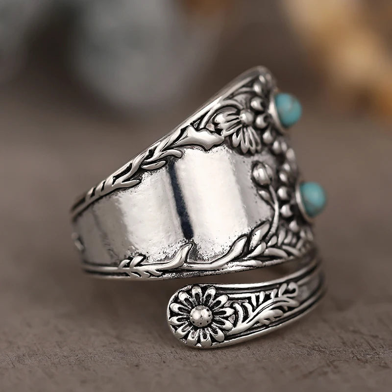 CAOSHI Delicate Vintage Silver Color Ring with Imitation Turquoise Unique Flower Design Adjustable mbzr