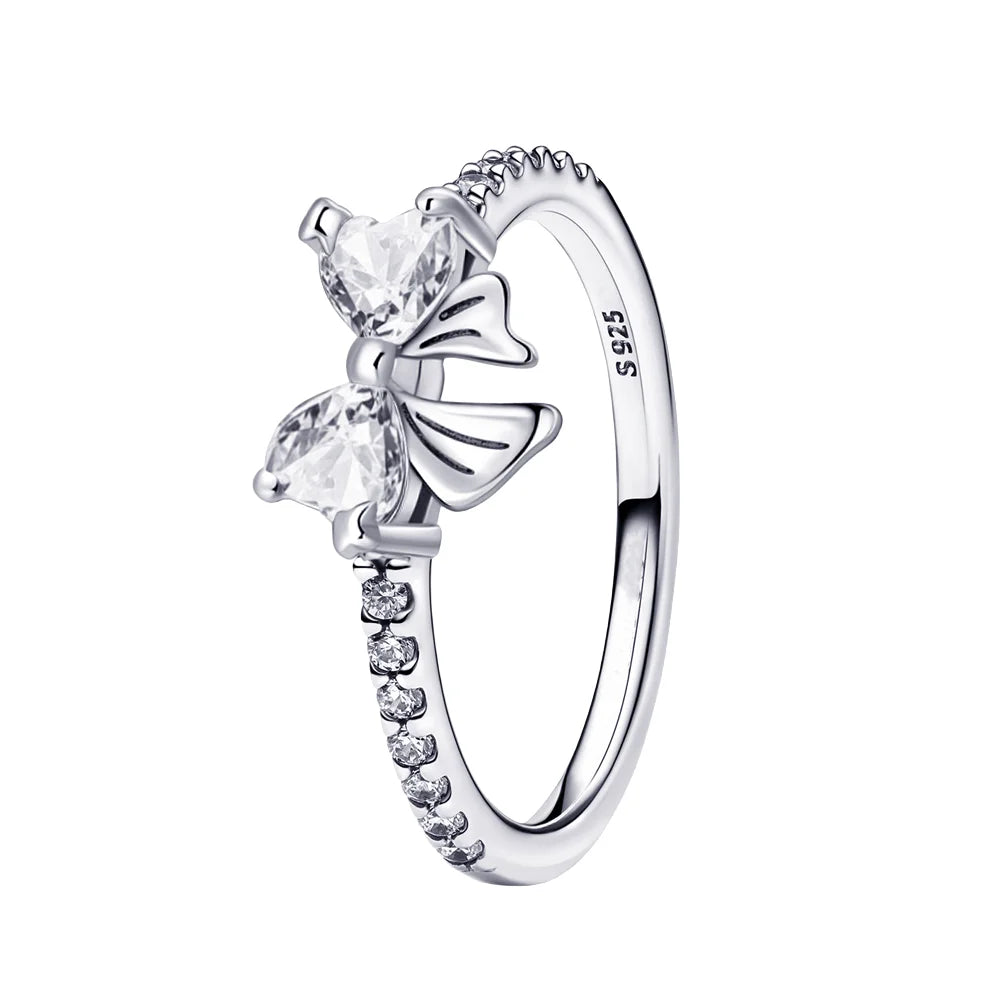 Luxury Original 925 Sterling Silver Heart-shaped Bow Flower Ring fit Women's High-end Jewelry Parties Valentine's Day Gifts mbzr