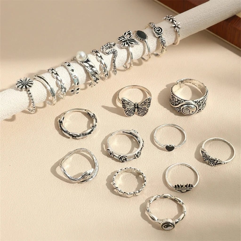 Best Selling 21-Piece Vintage Distressed Ring Set, Dark Style Butterfly & Flower Rings, Edgy Minimalist Accessory Gift mbzr
