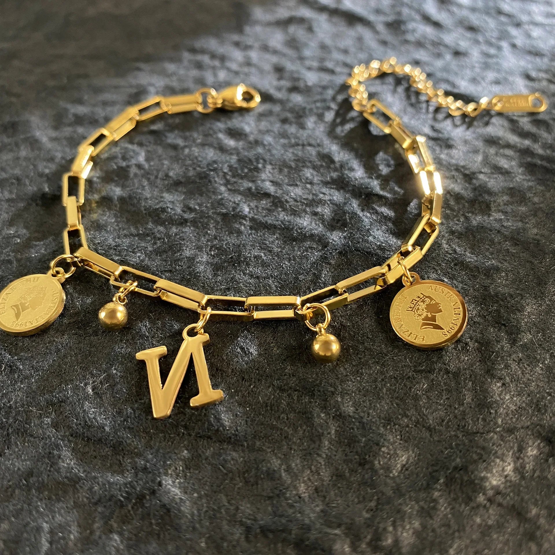 1pc Queen Coin Letter plated Stainless Steel Bracelet for Women Small Bell Pendant Adjustable Bracelet Classic Jewelry Gift